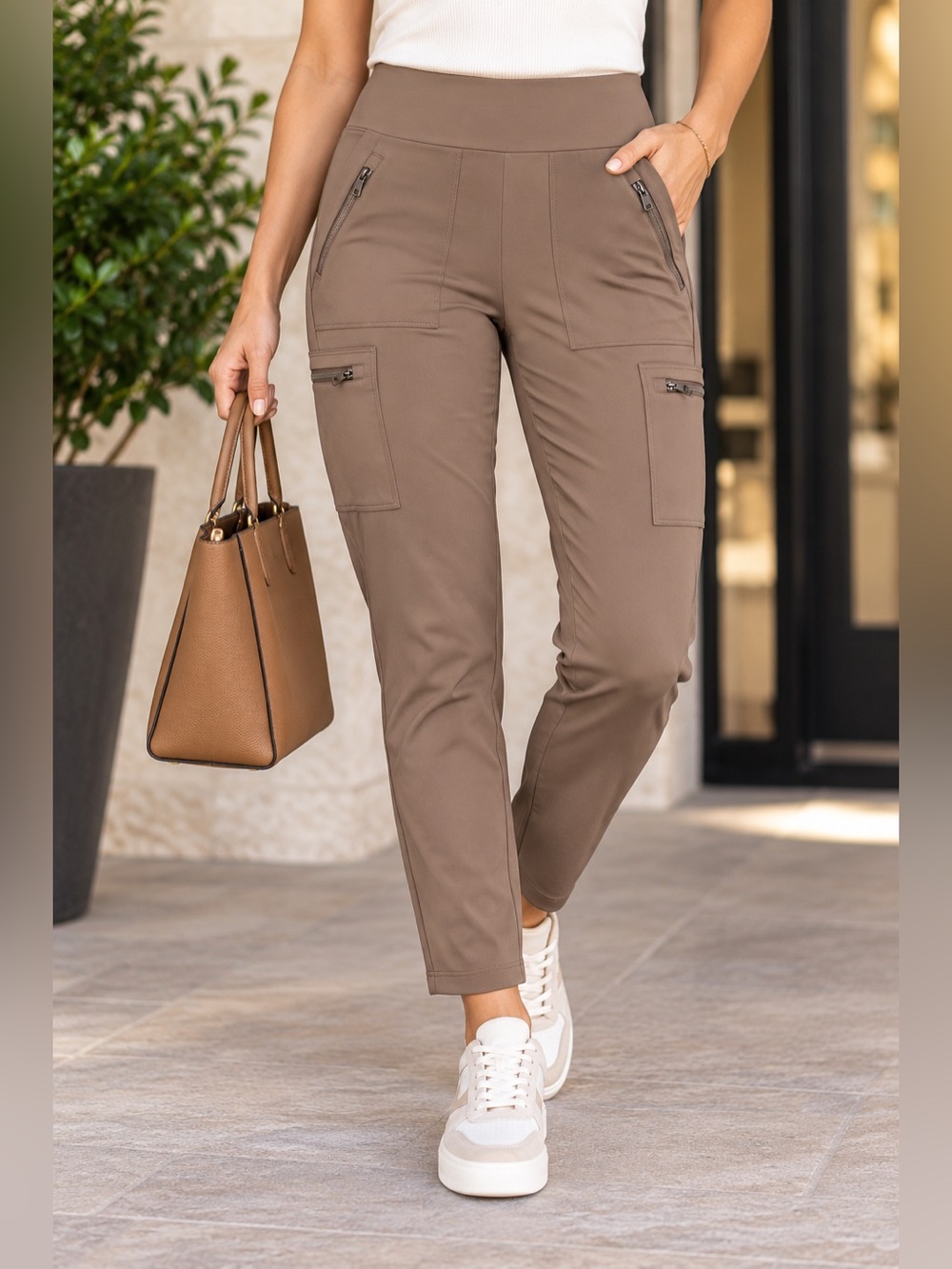 Athleta Women’s Cargo Pants Size 2 Brown High Rise Zip Pockets Stretch Utility